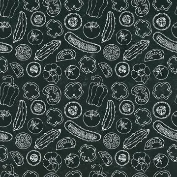 Vector Vegetable Seamless Pattern with Mini Cucumbers, Red Tomatoes, Bell Pep Illustrazione stock