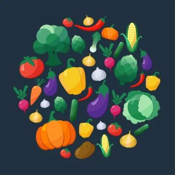 Vector Vegetables Flat Style Icons Set in Circle Shape over Dark Background Stock Illustration