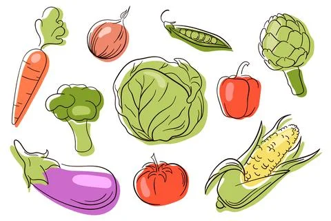 Vector vegetables icons set in line art style. Collection farm product. Flat Stock Illustration
