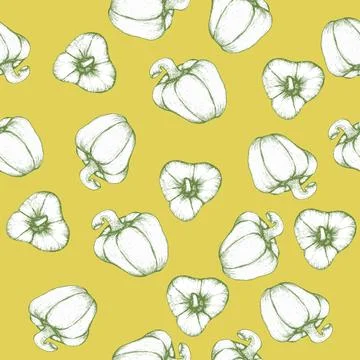 Vector vegetables seamless pattern on green background. HAnd drawn ink grap.. Stock Illustration
