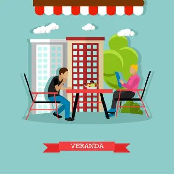 Vector veranda design element with people sitting at the table Stock Illustration