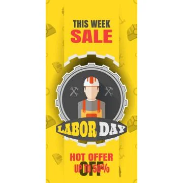 Vector vertical banner of Happy Labor Day sale with label of gear cut from .. Stock Illustration