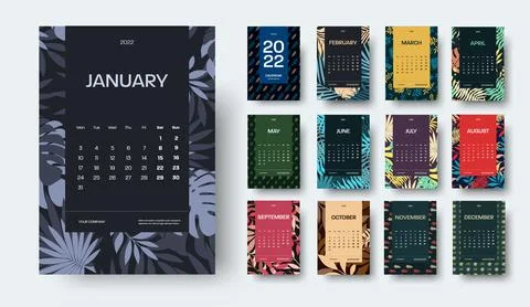 Vector vertical calendar 2022 template, tropical pattern, color, black insert Stock Illustration