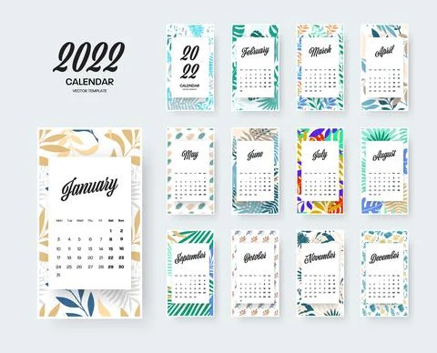 Vector vertical calendar 2022 template, colorful tropical pattern, white inse Stock Illustration