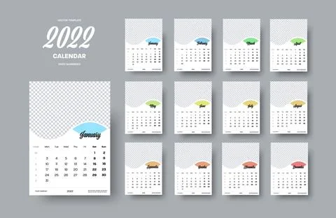 Vector vertical calendar template 2022, cover with place for photo, color ins Stock Illustration