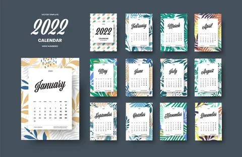 Vector vertical calendar template 2022, colored tropical leaves with white in Stock Illustration