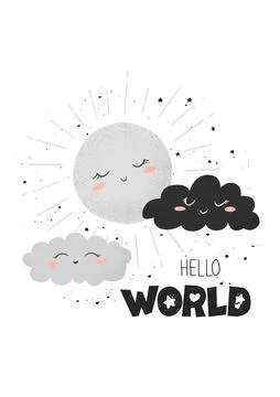 Vector vertical illustration with cute hand drawn cartoon sun, clouds and let Stock Illustration