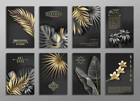 Vector vertical invitation 8 cards set with black and gold tropical leaves on 스톡 일러스트