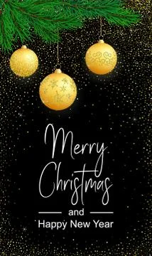 Vector vertical Merry Christmas card with golden balls on black. Stock Illustration