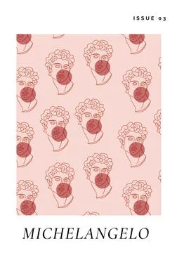 Vector vertical poster with David statue making a bubble from chewing gum Stock Illustration