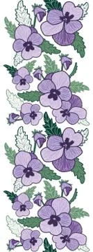 Vector Vertical seamless border with purple pansy and green leaves. Illustrazione stock