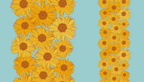 Vector vertical seamless border with yellow sunflowers with bronze outline on Illustrazione stock