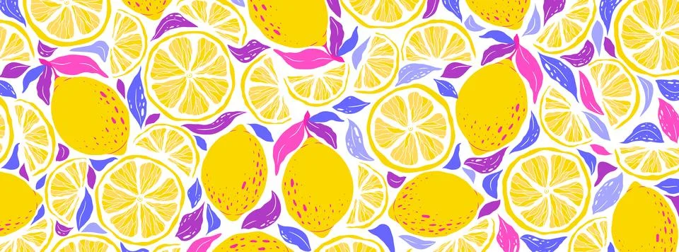 Vector vibrant pattern of yellow abstract lemons and leaves isolated on whi.. イラスト素材