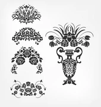 Vector victorian baroque design elements flower vase collection bouquet Stock Illustration