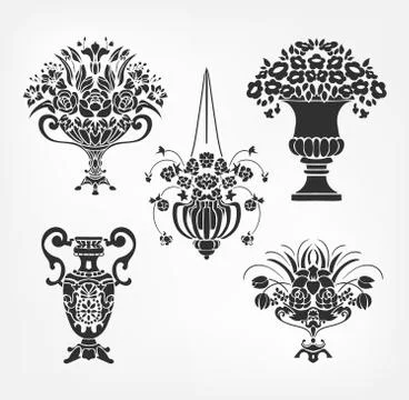 Vector victorian baroque design elements flower vase set Illustrazione stock