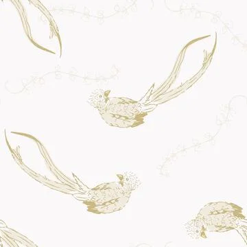 Vector Victorian Bird Drawing with Twigs in Pastel Colors seamless pattern Stock Illustration