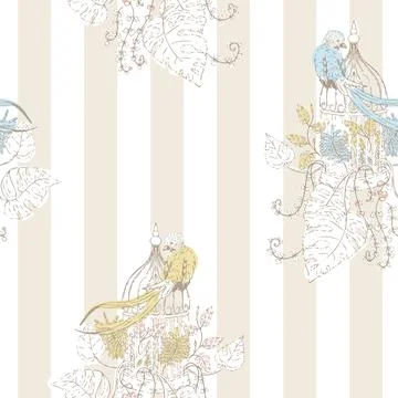 Vector Victorian Garden Bird with in Soft Pastels seamless pattern background Stock Illustration