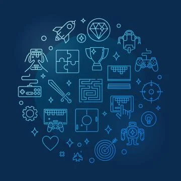 Vector Video Games concept round blue thin line illustration Stock Illustration