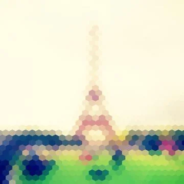 Vector view on eiffel tower, paris, france. blur background made of hexagon.  Stock Illustration