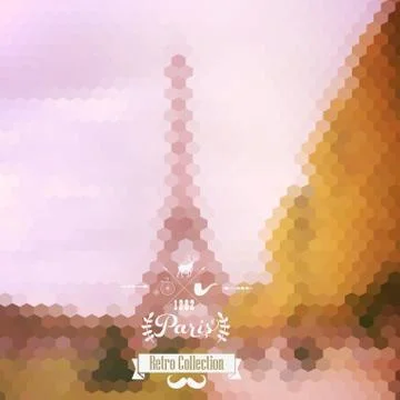 Vector view on eiffel tower, paris, france. blur background made of hexagon.  Stock Illustration