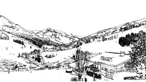 Vector view of the ski resort, mountains and houses Illustrazione stock