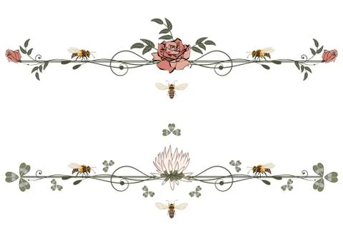 Vector vignette with rose, clover and bee Illustrazione stock