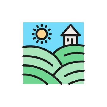 Vector vineyard fields with grapes flat color line icon. イラスト素材