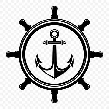 Vector Vintage Anchor and Helm Wheel. Nautical Marine Steering Black Icon, Logo Stock Illustration