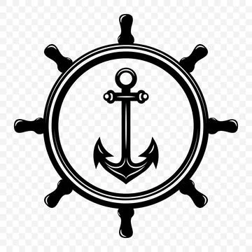 Vector Vintage Anchor and Helm Wheel. Nautical Marine Steering Black Icon, Logo Stock Illustration