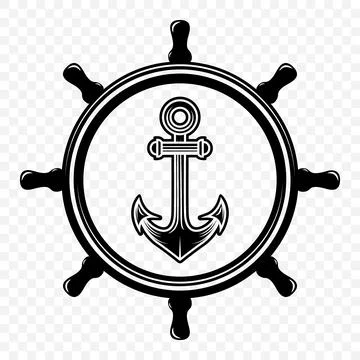 Vector Vintage Anchor and Helm Wheel. Nautical Marine Steering Black Icon, Logo Stock Illustration