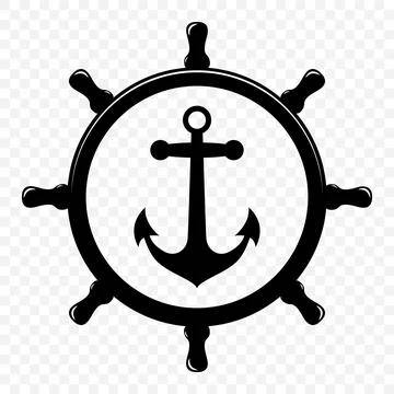 Vector Vintage Anchor and Ship Wheel Silhouette. Nautical Marine Helm Icon Stock Illustration