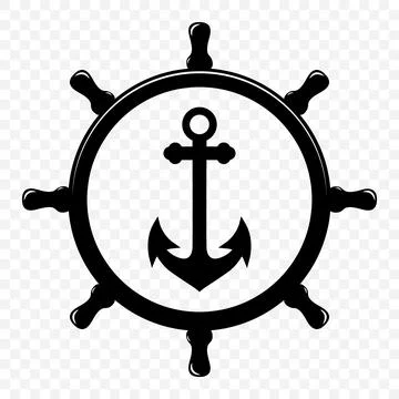 Vector Vintage Anchor and Ship Wheel Silhouette. Nautical Marine Helm Icon Stock Illustration