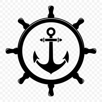 Vector Vintage Anchor and Ship Wheel Silhouette. Nautical Marine Helm Icon Stock Illustration