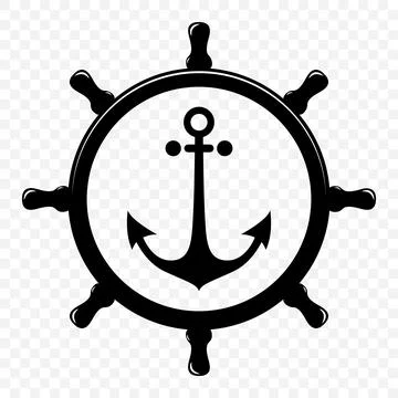 Vector Vintage Anchor and Ship Wheel Silhouette. Nautical Marine Helm Icon Stock Illustration