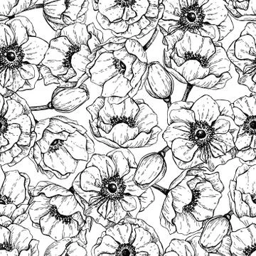 Vector vintage anemone seamless pattern. Hand drawn illustration Stock Illustration