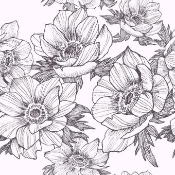 Vector vintage anemone seamless pattern. Hand drawn illustration. Great for Stock Illustration