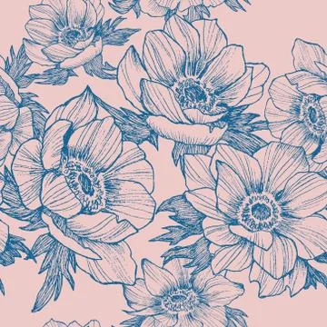 Vector vintage anemone seamless pattern. Hand drawn illustration. Great for Stock Illustration