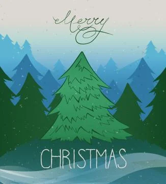 Vector vintage background with Christmas tree and Merry Christmas hand letter Illustrazione stock