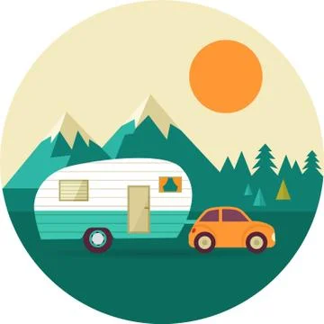 Vector vintage background with nature, forest, hills and camper car Stock Illustration