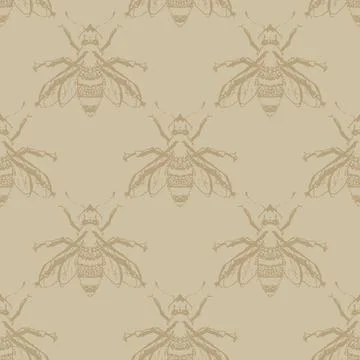 Vector Vintage Bees Drawing in Beige seamless pattern background. Perfect for Stock Illustration