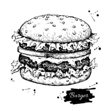 Vector vintage burger drawing. Hand drawn monochrome fast food i Stock Illustration