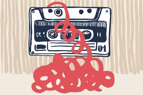 Vector with vintage cassettes, tapes, old music 스톡 일러스트