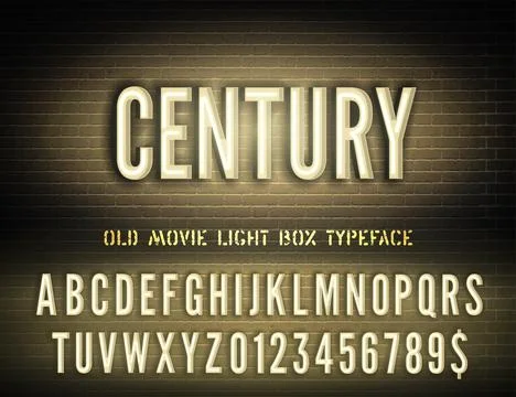 Vector vintage Century night light sign and old movie style narrow yellow neon Stock Illustration
