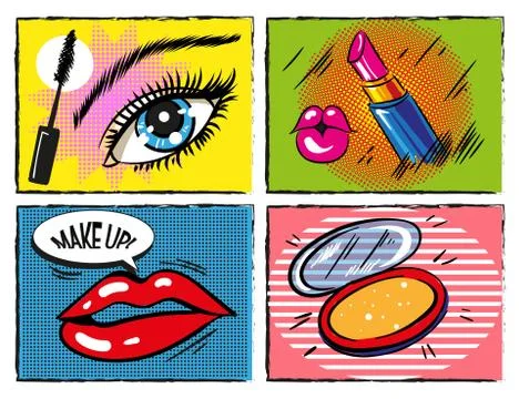 Vector vintage comic pop art makeup and cosmetic design elements Illustrazione stock