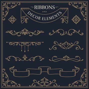 Vector vintage design elements - ribbons, dividers, flourishes, frame. Stock Illustration