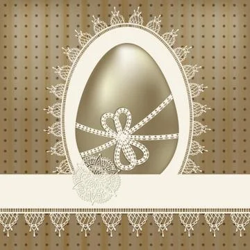 Vector vintage easter greeting card with golden egg and lacy napkin Stock Illustration