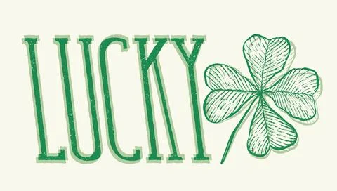 Vector vintage emblem of text lucky and four leaf clover. Vintage engraving.. Stock Illustration