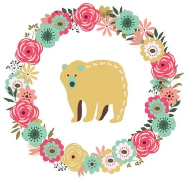 Vector Vintage Floral Frame with a Bear Stock Illustration