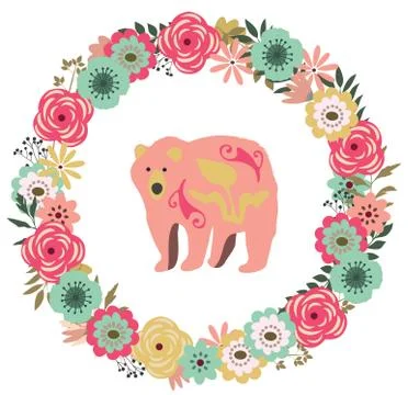 Vector Vintage Floral Frame with a Bear Stock Illustration