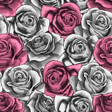 Vector vintage hand drawn rose flower blossom blooming seamless pattern Stock Illustration